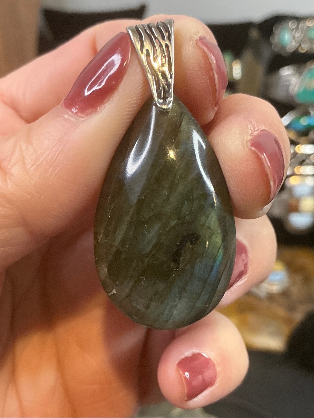 925 Labradorite Teardrop Pendant Necklace - Green Blue Sheen
